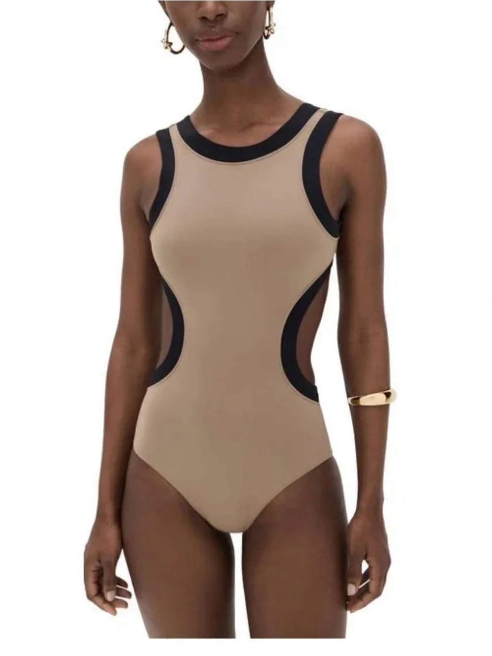 STAUD Beige and Black Cutout One-Piece Swimsuit